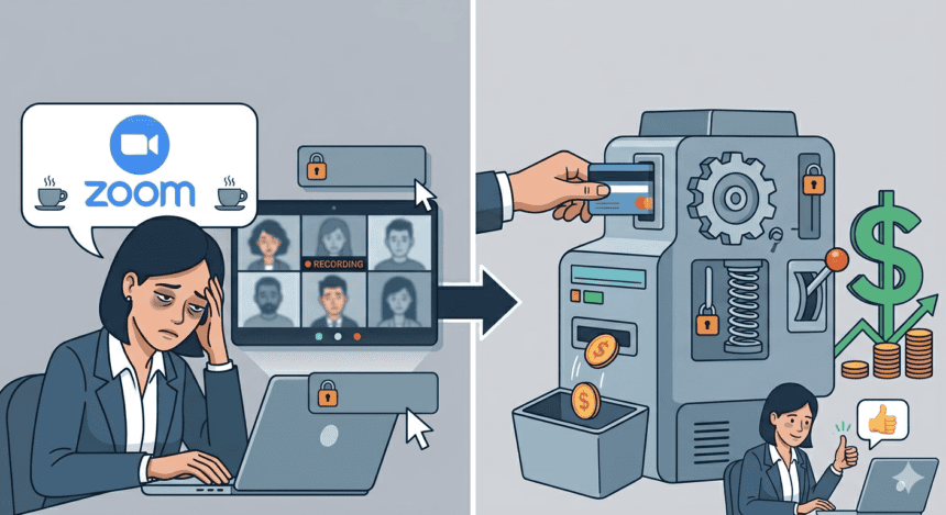 Illustration of a woman worried about Zoom meeting security and a money-making machine.