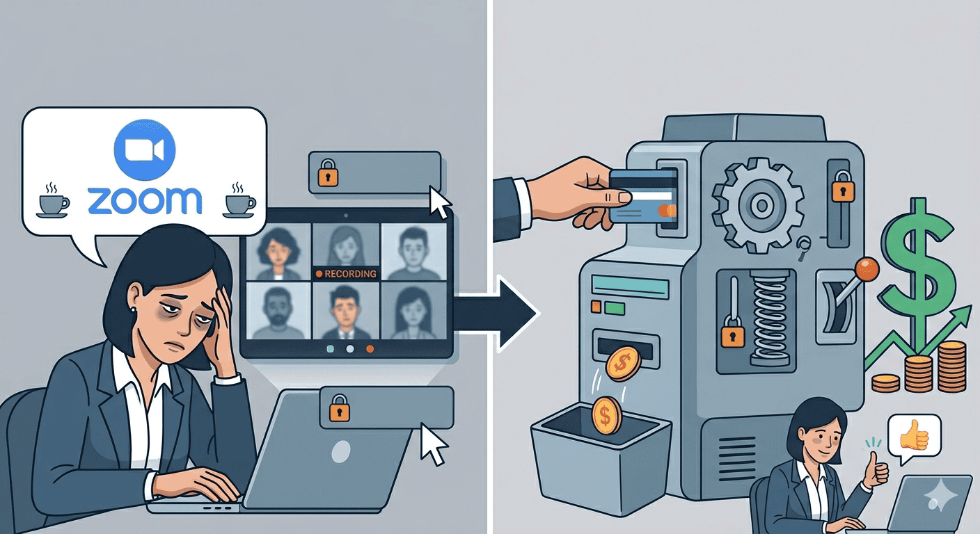 Illustration of a woman worried about Zoom meeting security and a money-making machine.