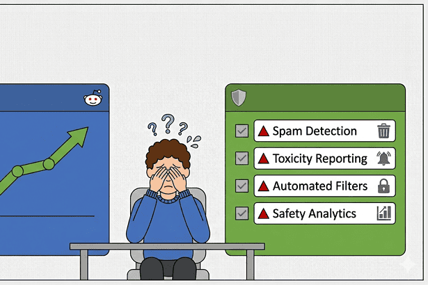 Illustration of a stressed moderator with safety tools and analytics icons.