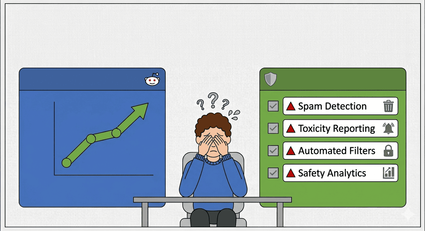 Home Icy 39 Illustration of a stressed moderator with safety tools and analytics icons.