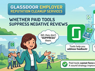 Businesswoman explaining Glassdoor review removal services for reputation management.