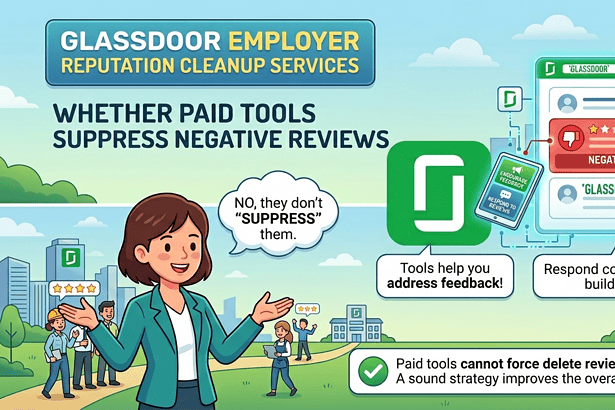 Businesswoman explaining Glassdoor review removal services for reputation management.