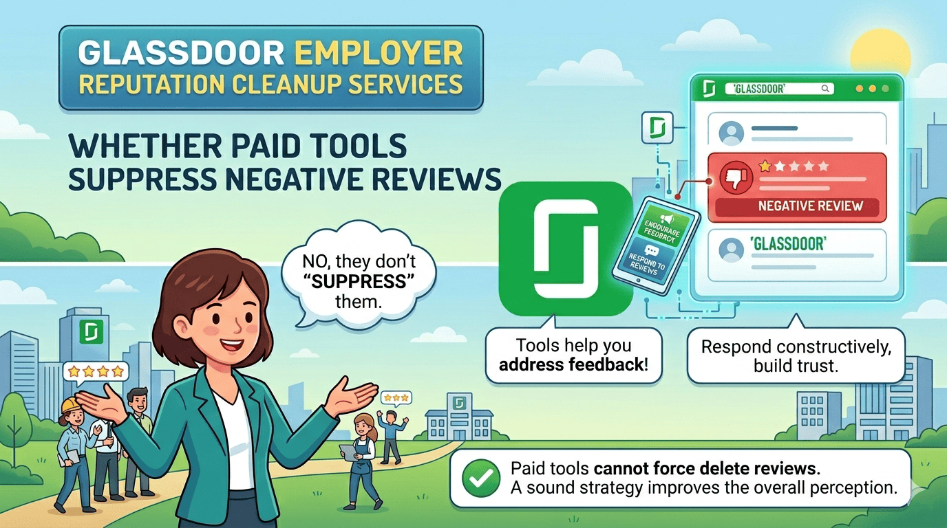 Home Icy 39 Businesswoman explaining Glassdoor review removal services for reputation management.
