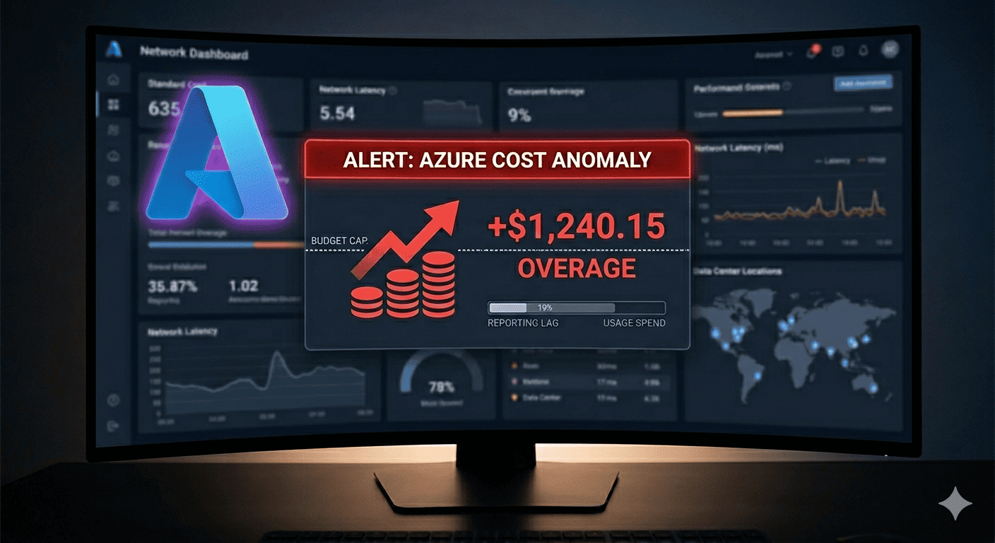Azure cost anomaly alert showing budget cap overflow and overspending.