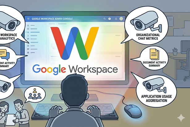 Security cameras monitoring Google Workspace activities in an office setting.