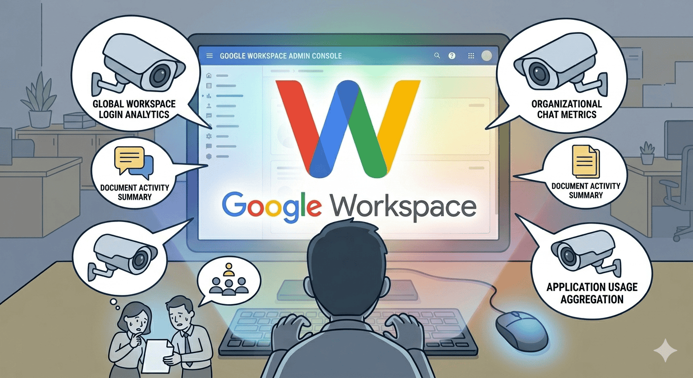 Security cameras monitoring Google Workspace activities in an office setting.