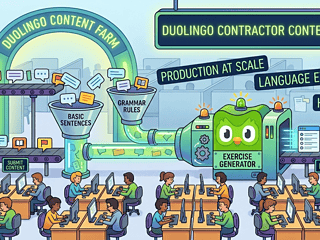 Duolingo content farm illustrating language exercises and contractor labor.