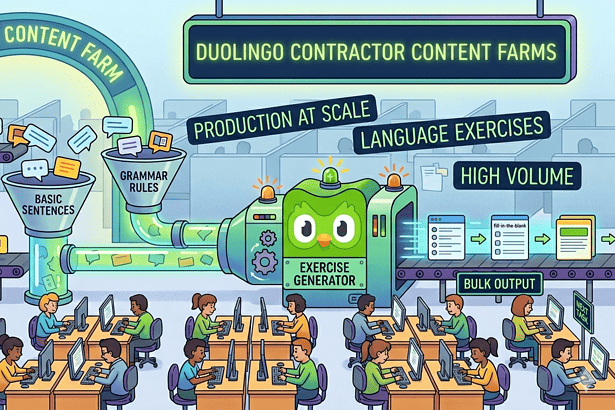 Duolingo content farm illustrating language exercises and contractor labor.