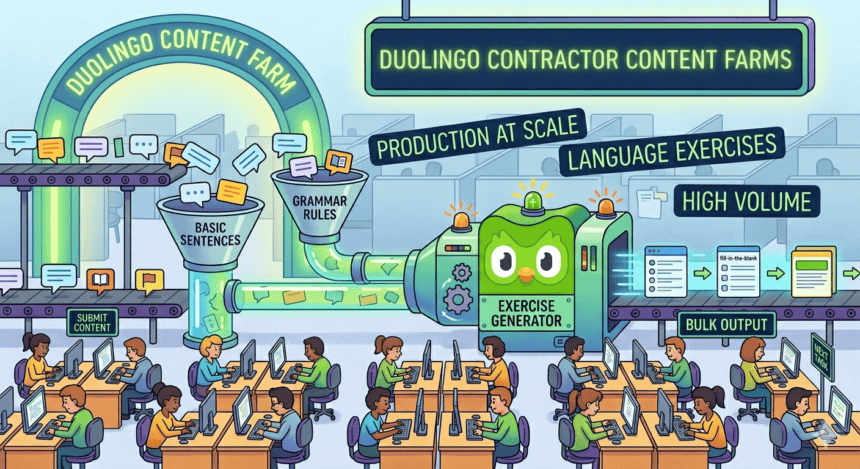 The Content Machine: How Duolingo Builds Its Language Empire on Contractor Labor 1 Duolingo content farm illustrating language exercises and contractor labor.