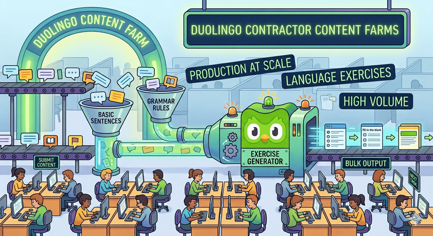 Duolingo content farm illustrating language exercises and contractor labor.