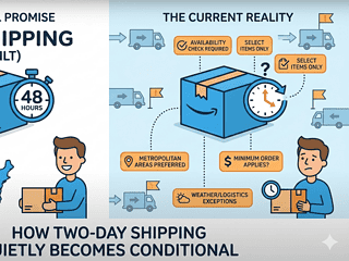 Illustration of Amazon Prime's two-day shipping promise and current delivery challenges.