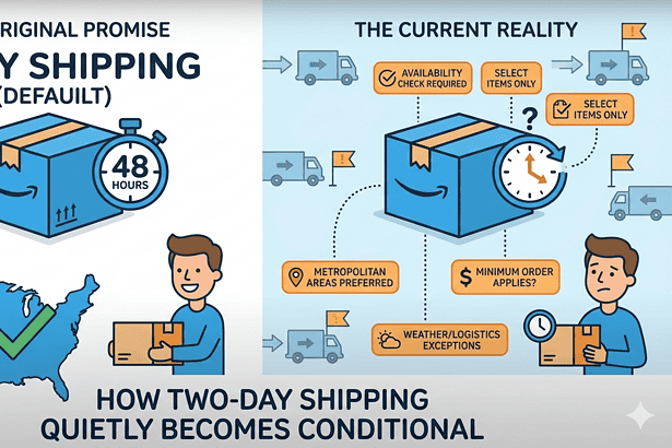 Illustration of Amazon Prime's two-day shipping promise and current delivery challenges.