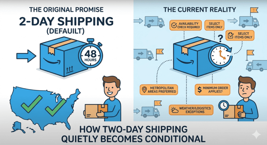 The Two-Day Lie: How Amazon Prime's Core Promise Quietly Fell Apart 1 Illustration of Amazon Prime's two-day shipping promise and current delivery challenges.