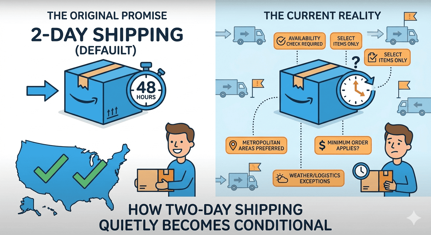 Home Icy 39 Illustration of Amazon Prime's two-day shipping promise and current delivery challenges.