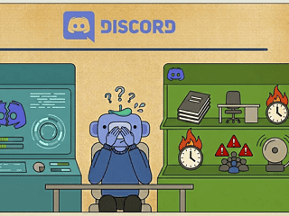 Illustration of a person overwhelmed by moderation issues on Discord platform.