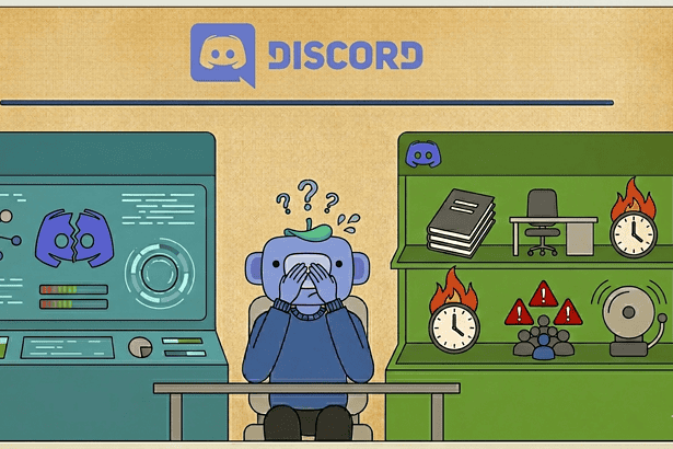 Illustration of a person overwhelmed by moderation issues on Discord platform.