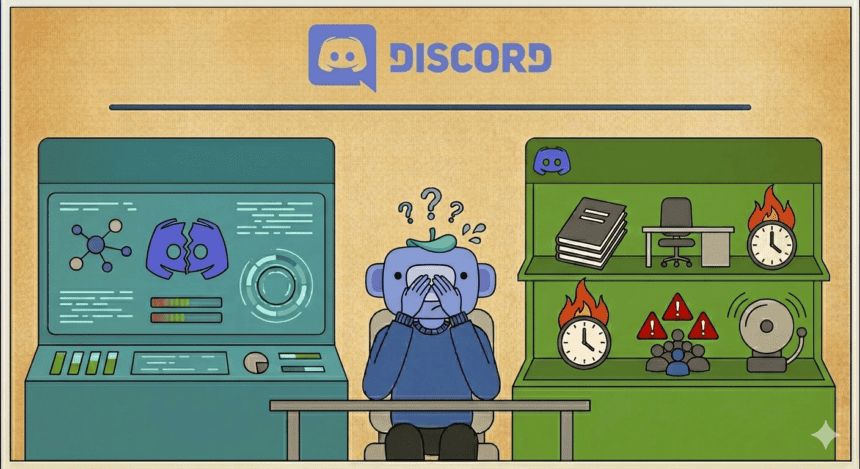 The Revolving Door: How Discord's Reliance on Contract Moderators Is Breaking the Promise of a Safe Platform 1 Illustration of a person overwhelmed by moderation issues on Discord platform.