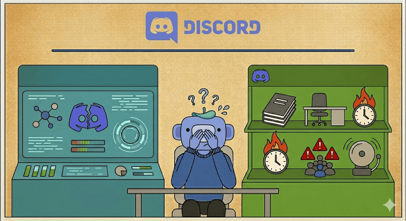 Illustration of a person overwhelmed by moderation issues on Discord platform.