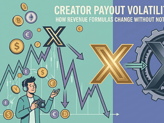 Illustration of creator payout volatility and revenue formula changes in digital platforms.
