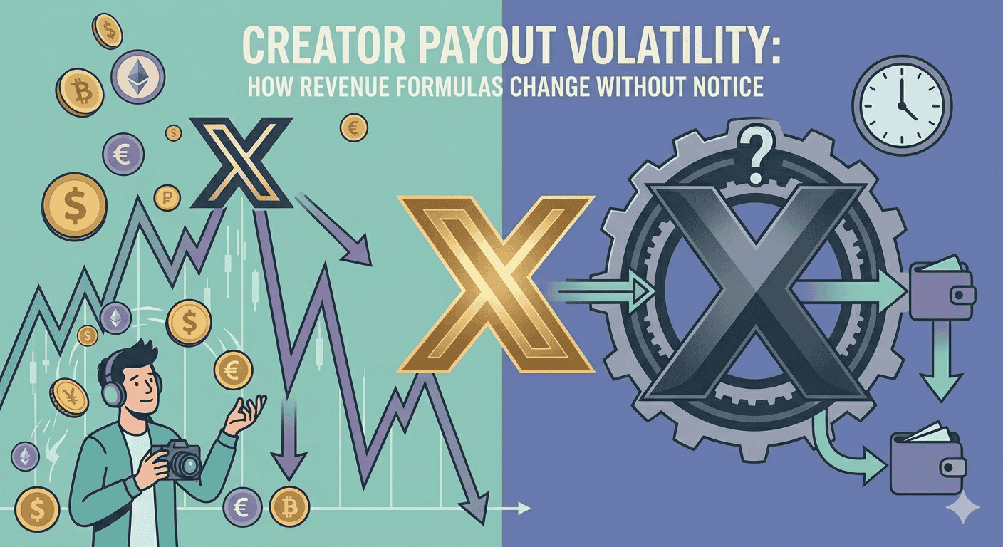 Illustration of creator payout volatility and revenue formula changes in digital platforms.