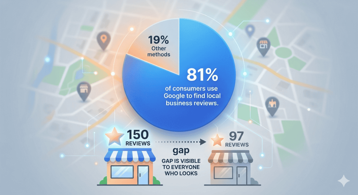 Map infographic showing Google Maps reviews and local business data.