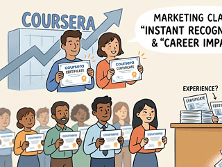 Group of diverse students holding Coursera certificates with a rising graph.