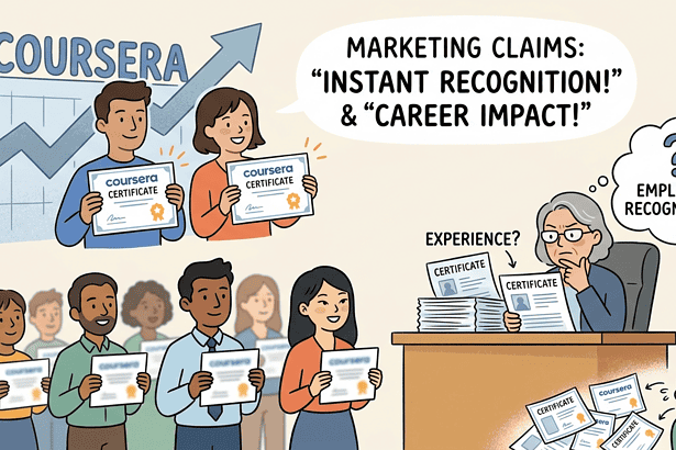 Group of diverse students holding Coursera certificates with a rising graph.