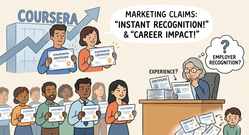 Group of diverse students holding Coursera certificates with a rising graph.