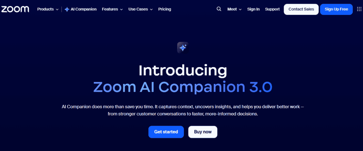 Zoom AI Companion 3.0 interface showcasing AI features for business efficiency.