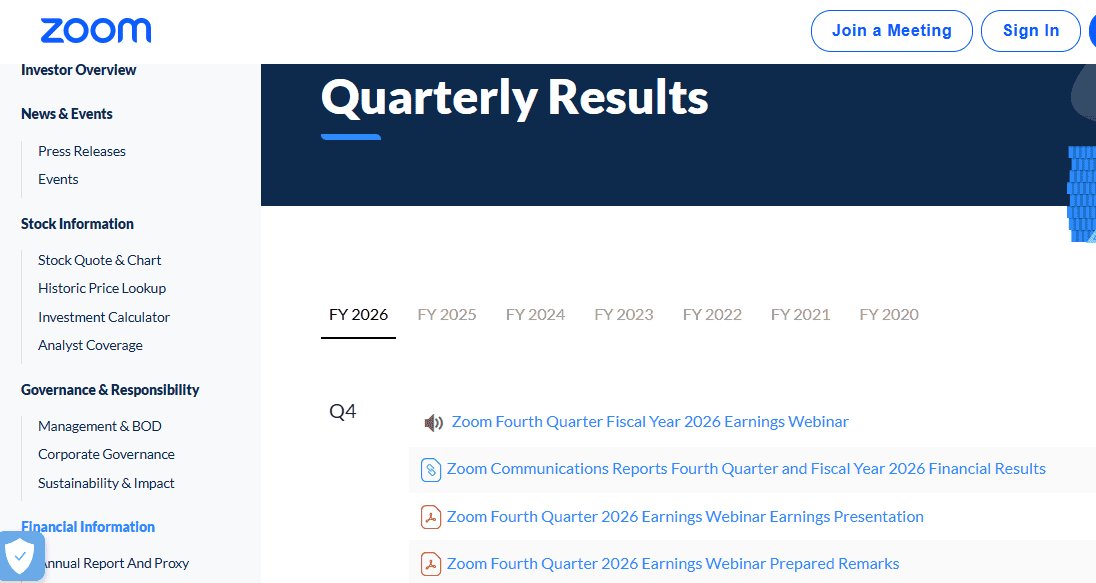 Zoom business meeting displaying quarterly financial results and earnings webinar details.