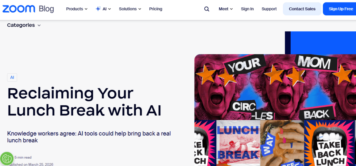 Creative digital artwork showing a vibrant collage of lunch and work themes with AI elements.