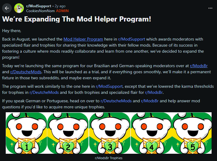 Illustration of mod helper program with five mod trophies for Reddit moderators.