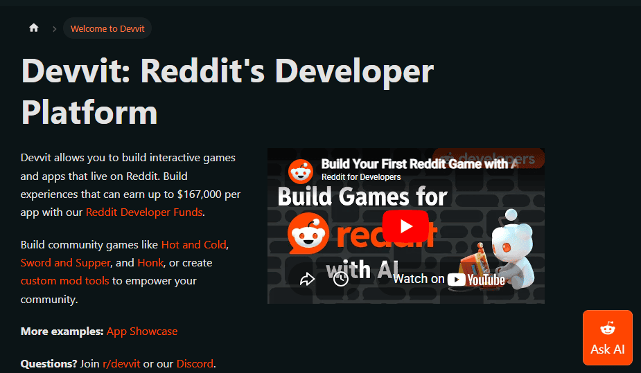 Image showing a Reddit developer platform interface with a video thumbnail.