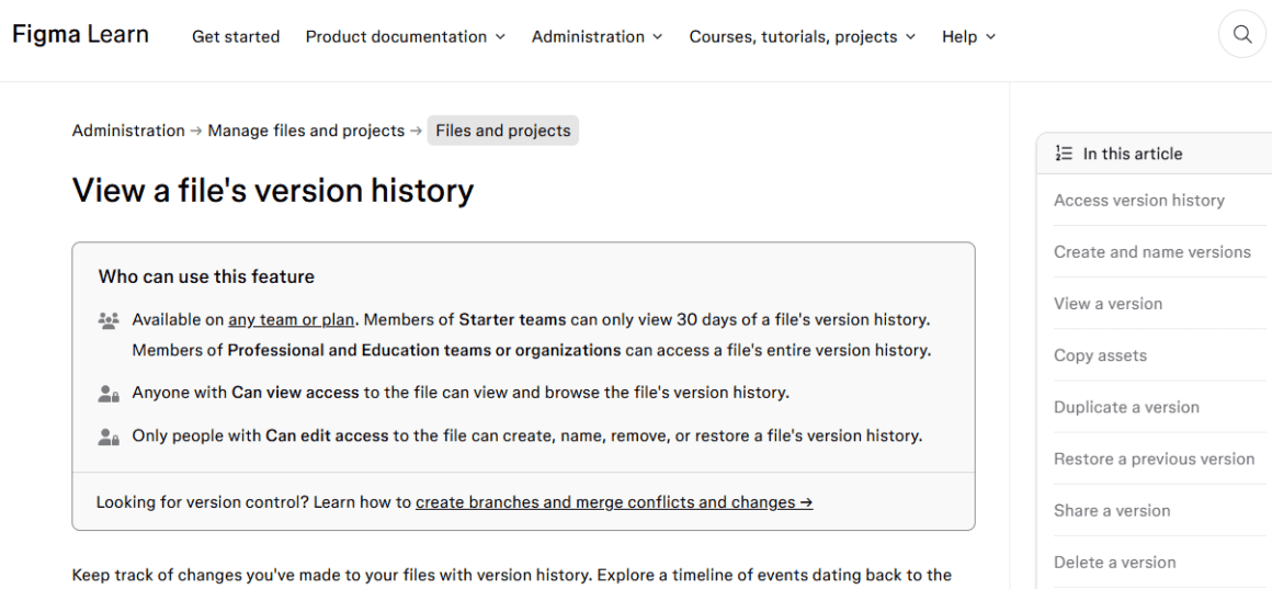 Figma interface showing version history and file management options.
