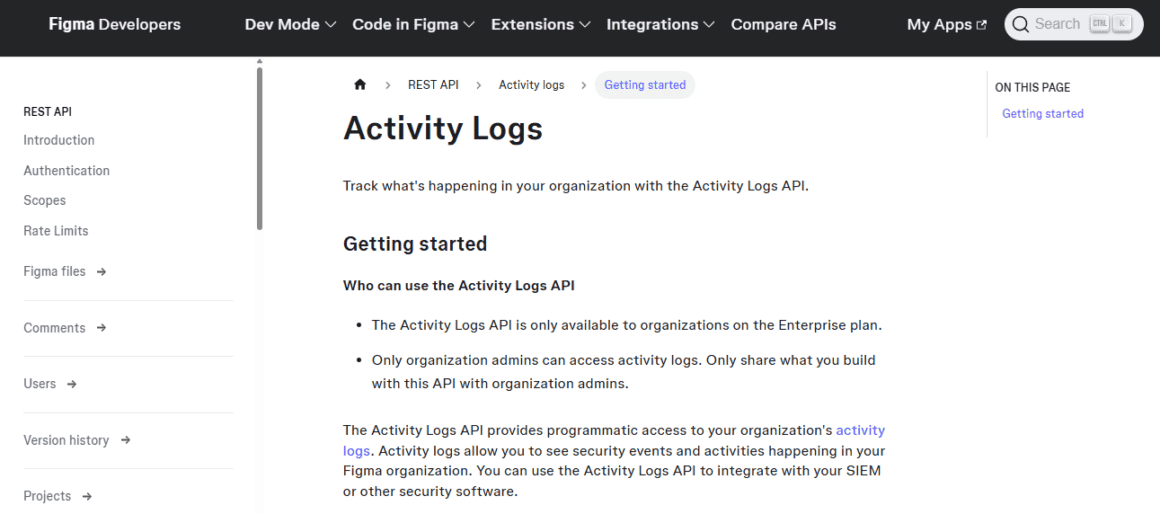 Figma activity logs interface showing data access and activity tracking features.
