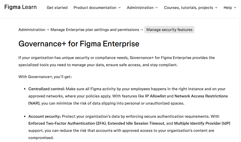 Figma Enterprise governance dashboard showing security and access controls.