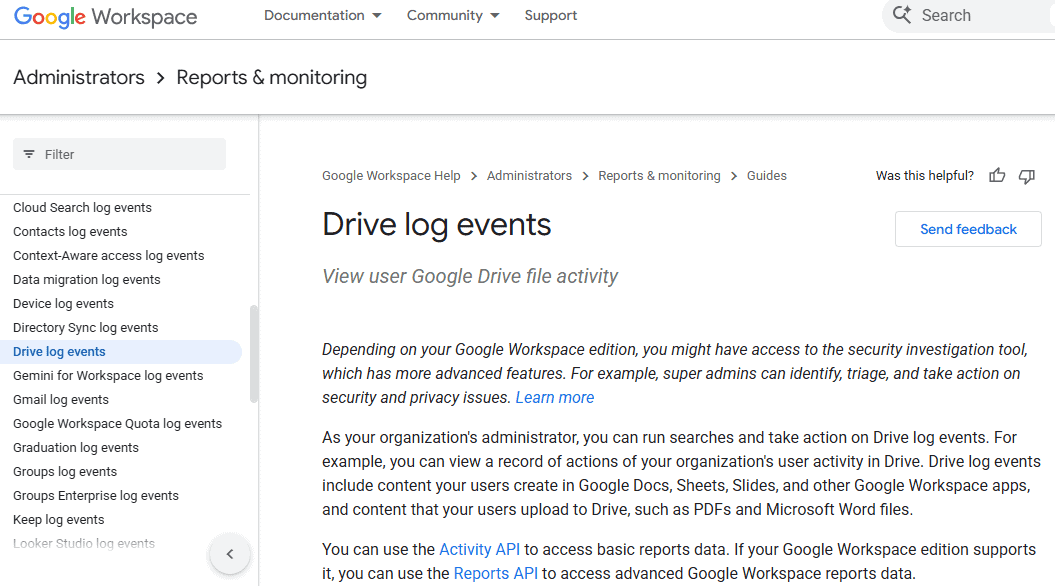 The Boss in the Cloud: How Google Workspace Turned Productivity Tools Into a Surveillance Machine 5 Drive log events showing activity and access details.