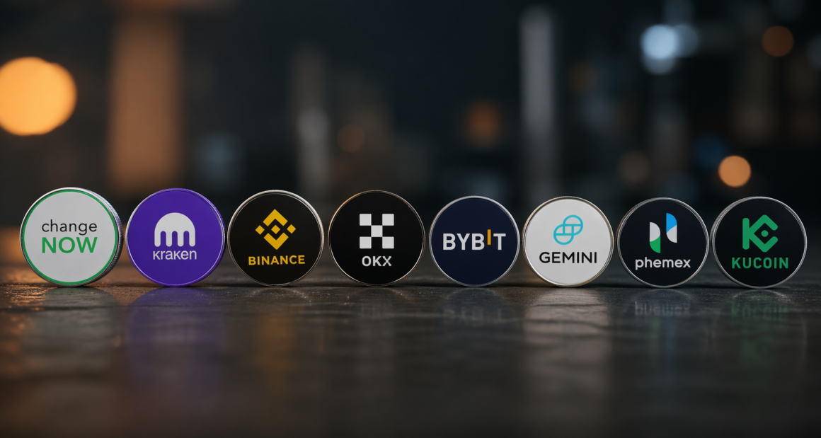Cryptocurrency exchange logos including Binance, Kraken, OKX, and KuCoin.