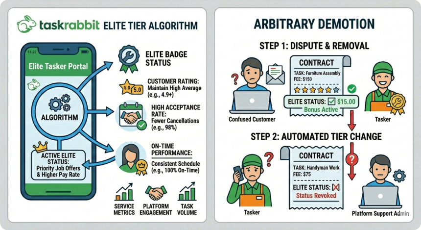 Infographic showing TaskRabbit's elite tier algorithm and demotion process.
