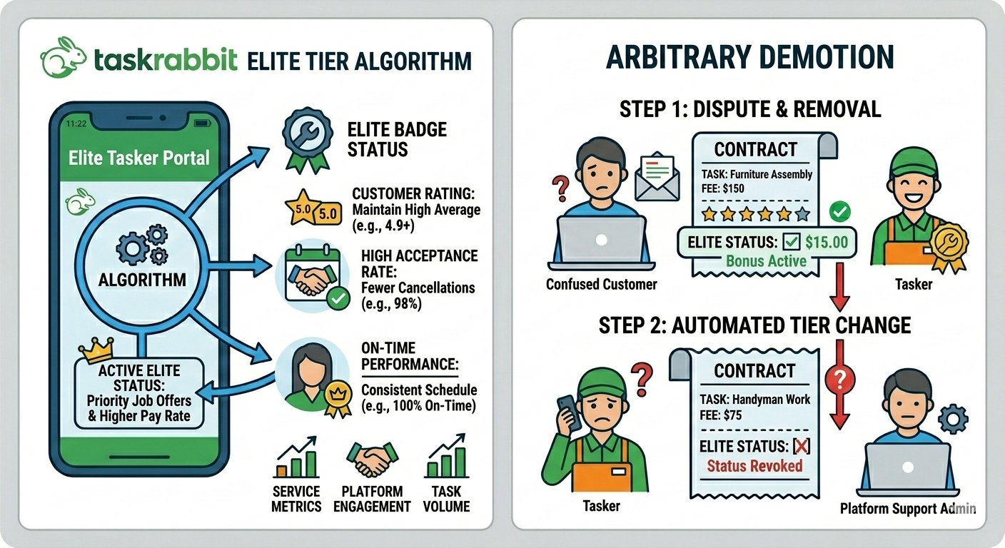 Infographic showing TaskRabbit's elite tier algorithm and demotion process.