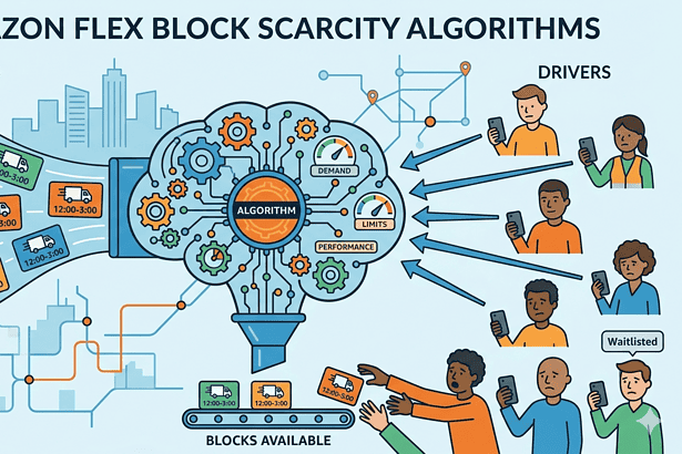 Illustration of Amazon Flex algorithms managing block scarcity for drivers.