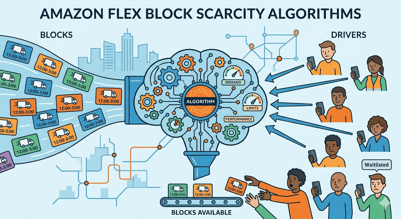 Home Icy 39 Illustration of Amazon Flex algorithms managing block scarcity for drivers.