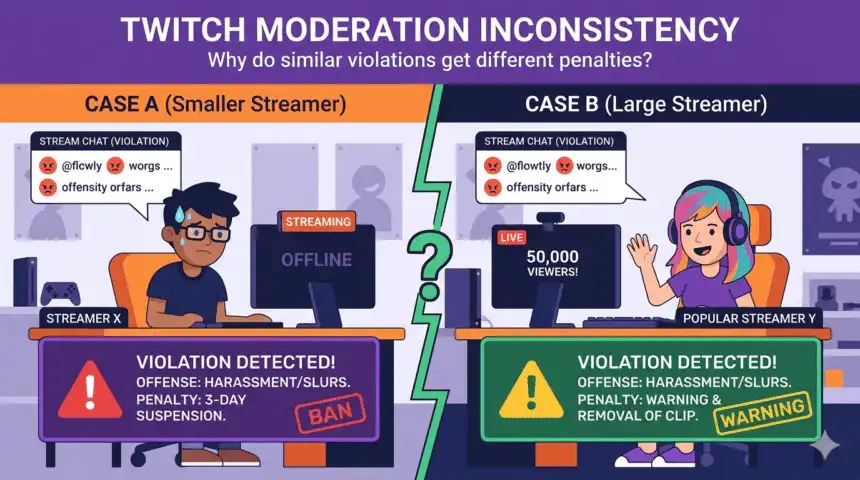 One Rule for Some: Inside Twitch's Moderation Lottery 1 Illustration of Twitch moderation issues between small and large streamers.