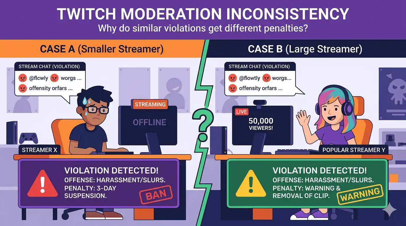 Illustration of Twitch moderation issues between small and large streamers.