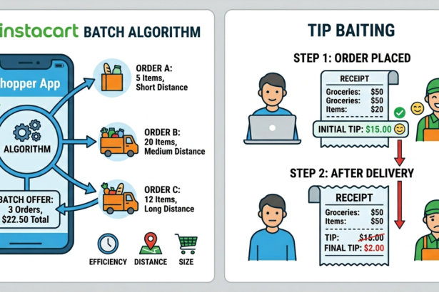 Illustration of Instacart's batch algorithm and tip baiting process.