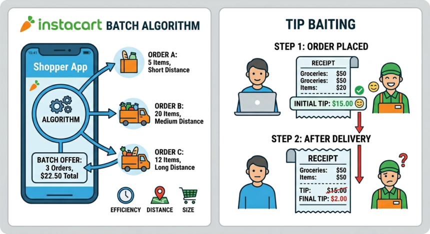 The Algorithm Eats First: Inside Instacart's Batch Machine and the Tip Baiting Trap 1 Illustration of Instacart's batch algorithm and tip baiting process.