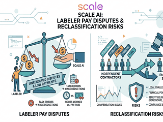 Illustration of labeler pay disputes and reclassification risks in the gig economy.
