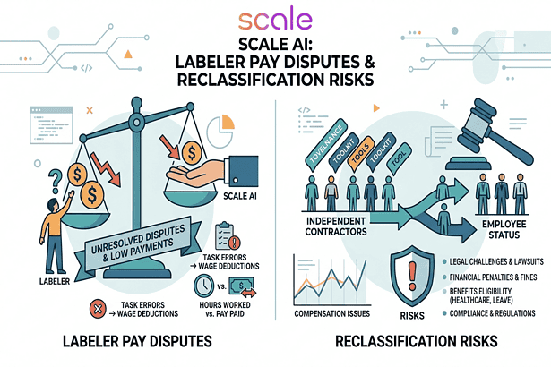 Illustration of labeler pay disputes and reclassification risks in the gig economy.