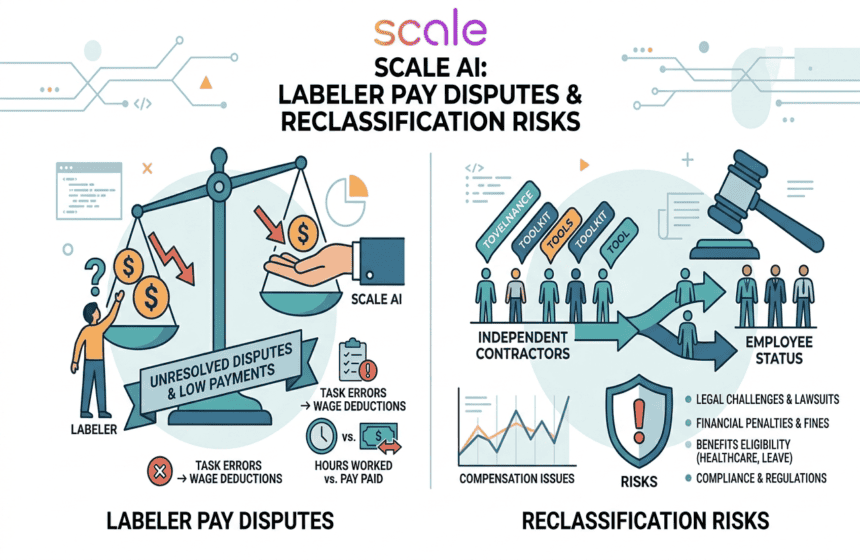 Illustration of labeler pay disputes and reclassification risks in the gig economy.