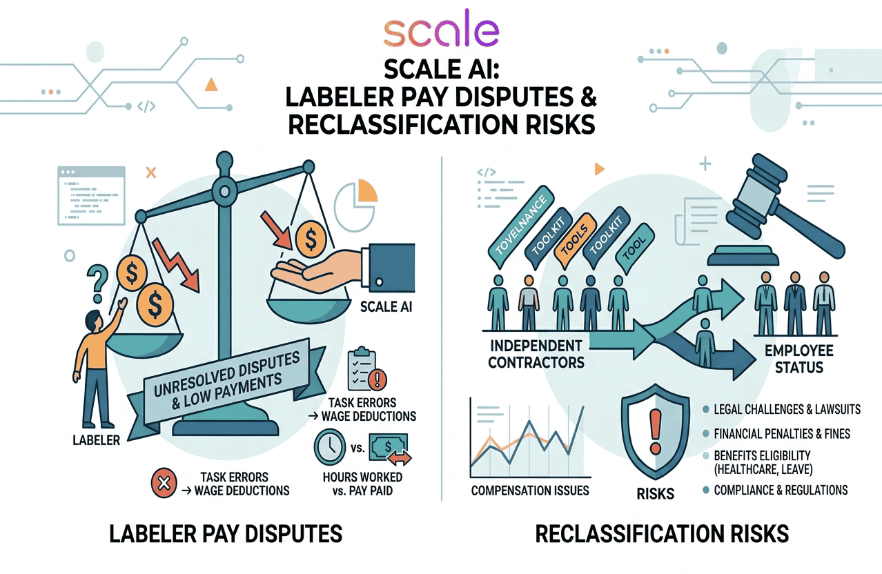 Home Icy 39 Illustration of labeler pay disputes and reclassification risks in the gig economy.
